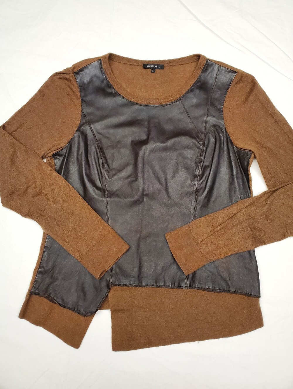 Lafayette 148 New York Brown Leather Front Sweater Top Alpaca Wool Long Sleeve L